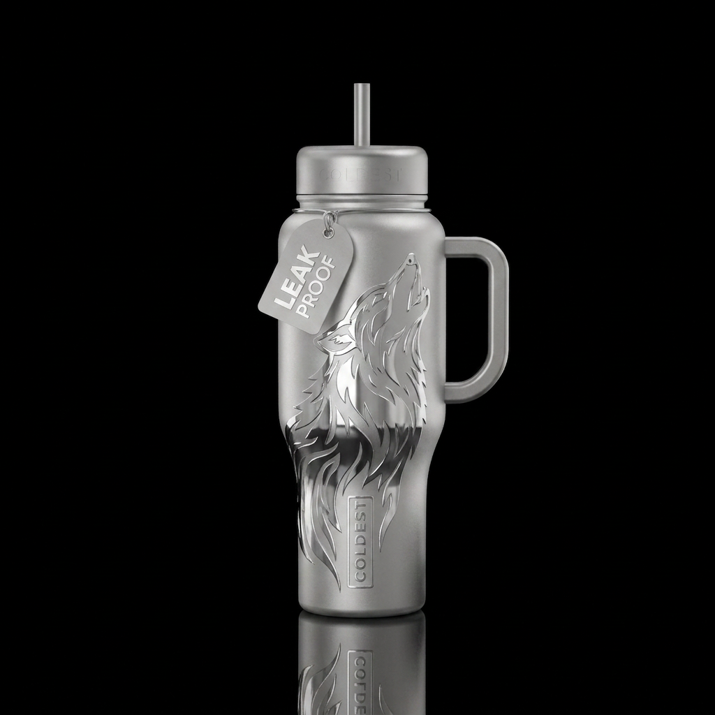 Matte silver bottle with polished howling wolf wit... water bottle design