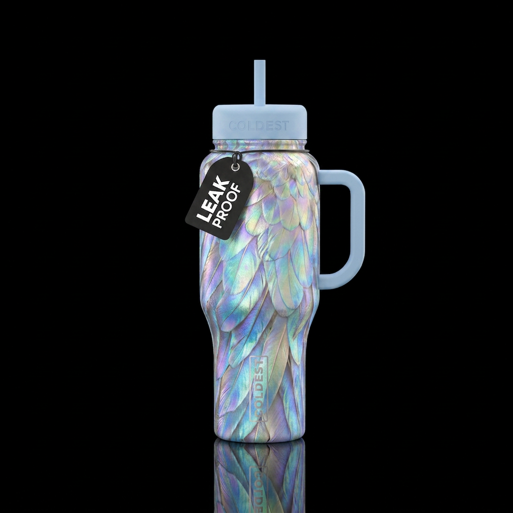 Cup made of iridescent angel wing feathers with ma... water bottle design