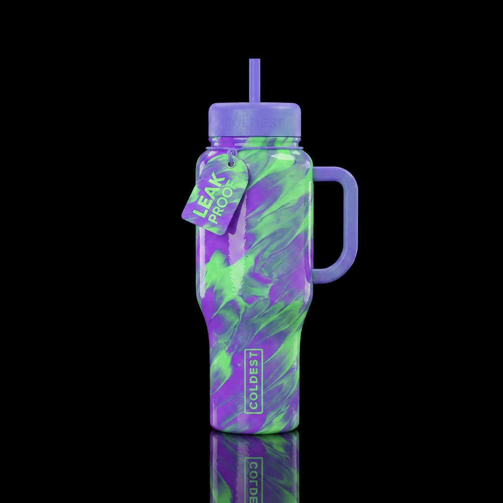 Glossy bright neon bottle blurple green swiped fin... water bottle design