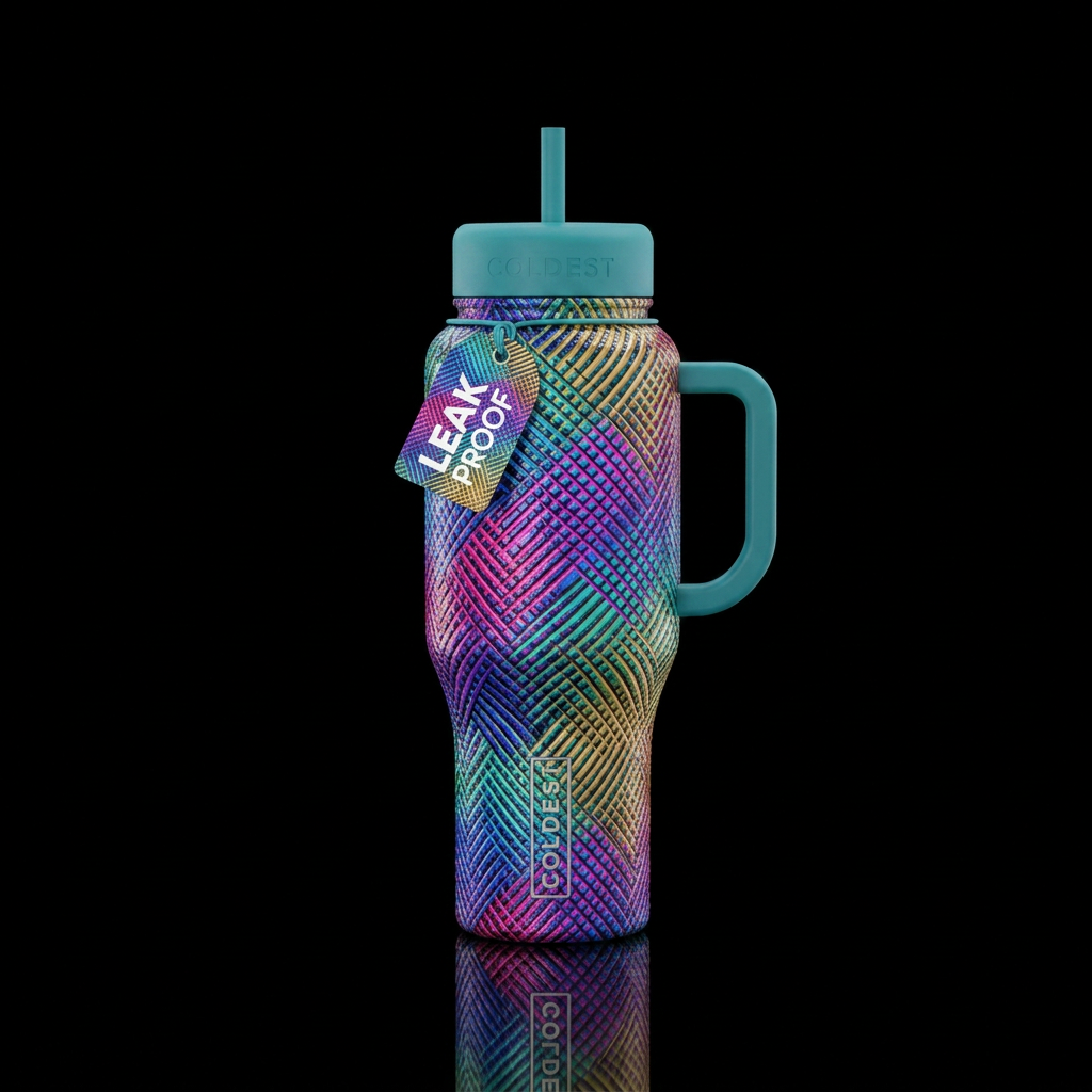 Glossy bottle with textured outlines and unique ra... water bottle design