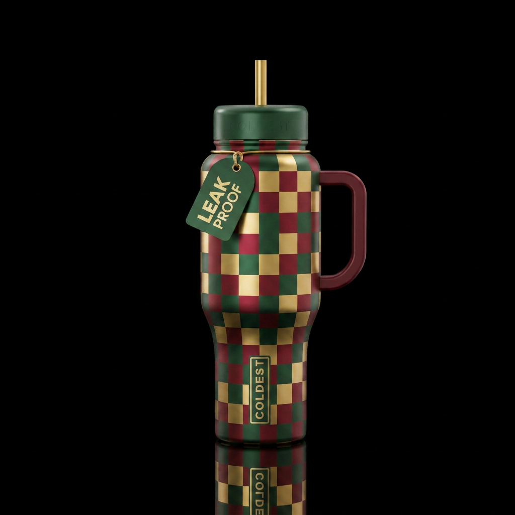 Dark red dark green and gold checkers with matchin... water bottle design