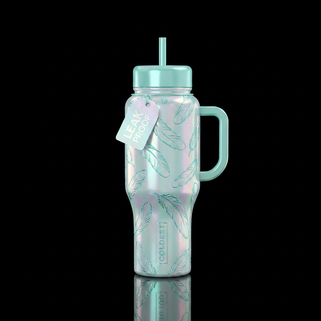 Glossy bottle with glossy textured outlines irides... water bottle design