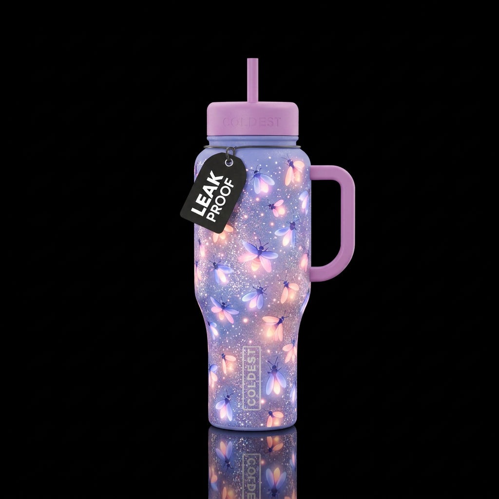 Perry winkle, Pink, peach glowing fireflies with g... water bottle design
