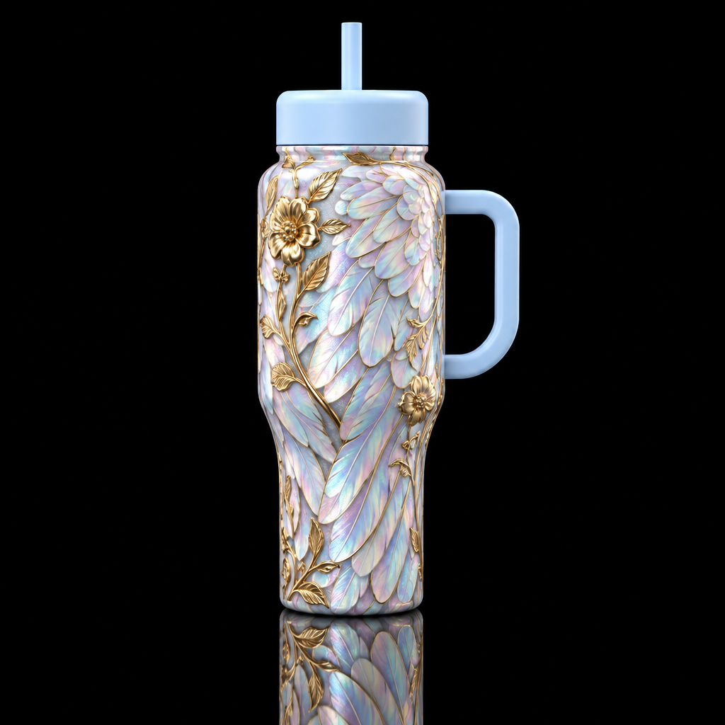Whimsical Cup made of iridescent angel wing feathe... water bottle design