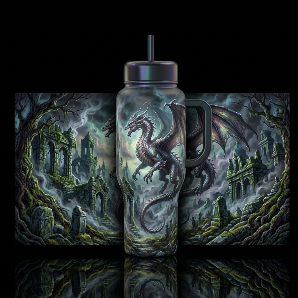 dark mood, seamless, dragon, haunted, irridescent,... water bottle design