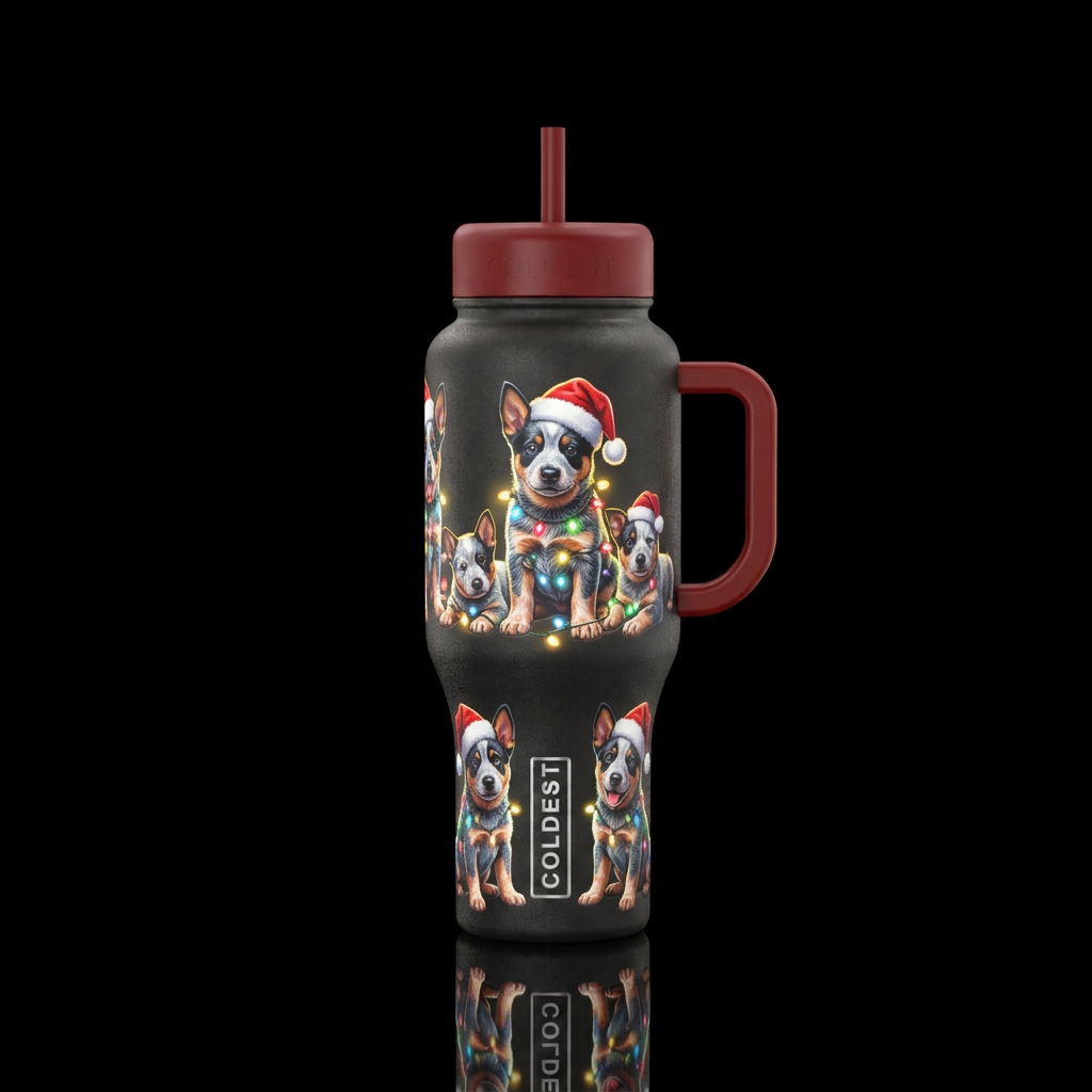 Cute Christmas heeler puppies, beautiul, glowie, r... water bottle design