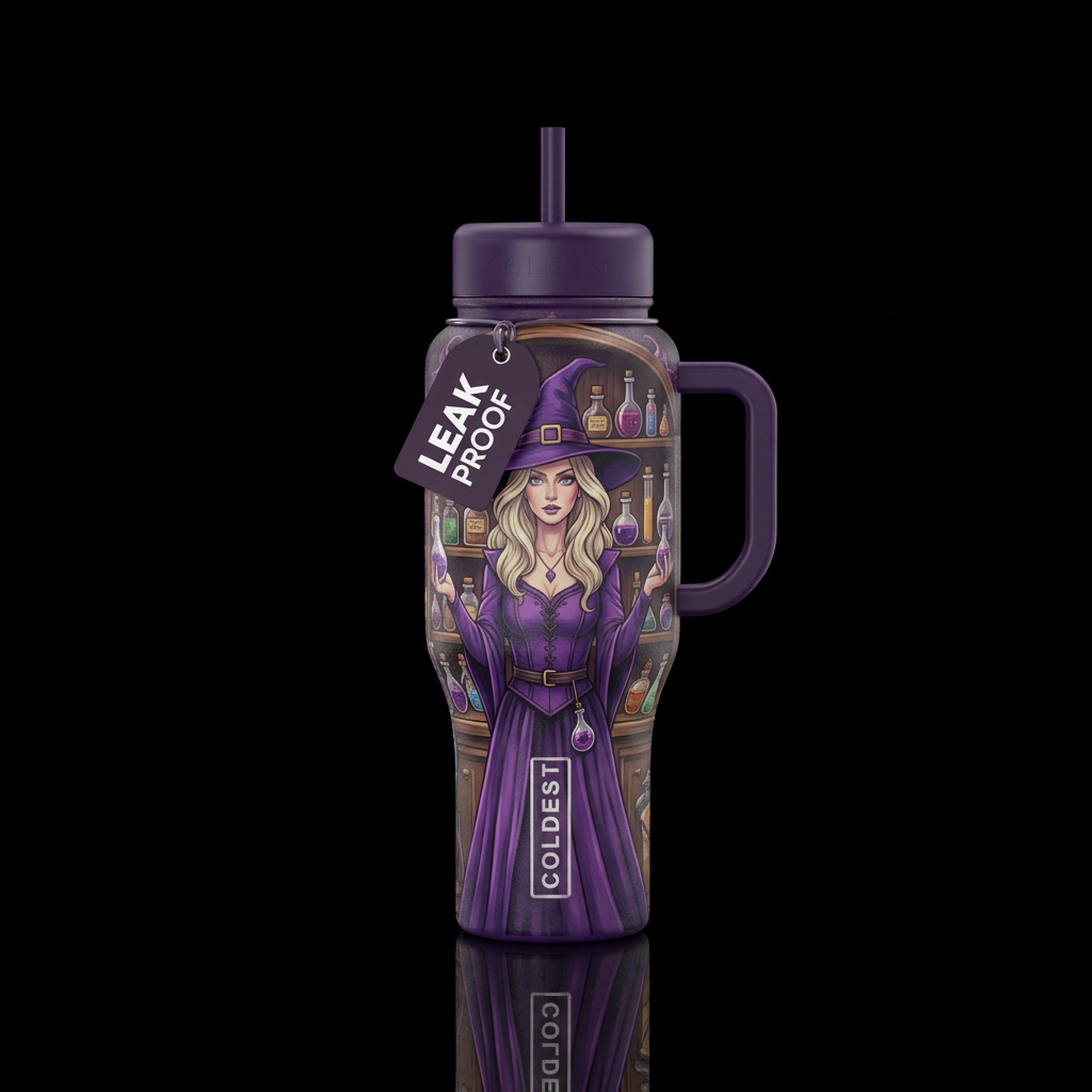 witch wearing purple with blonde hair standing in ... water bottle design