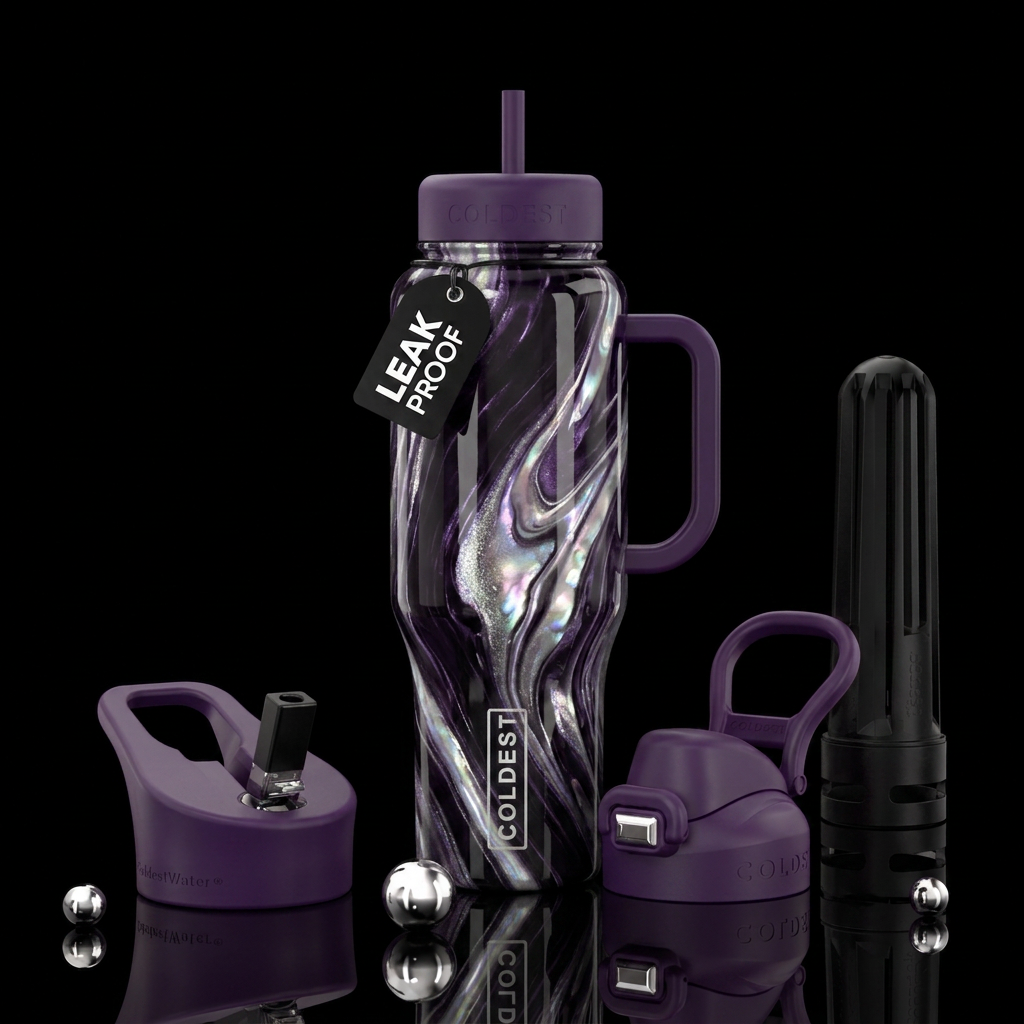 A black marbled bottle using dark purple, iridesce... water bottle design