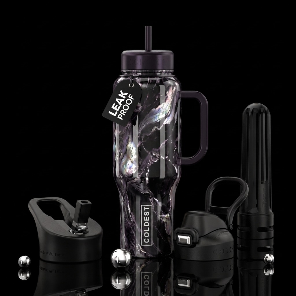 A black marbled bottle using dark purple, iridesce... water bottle design