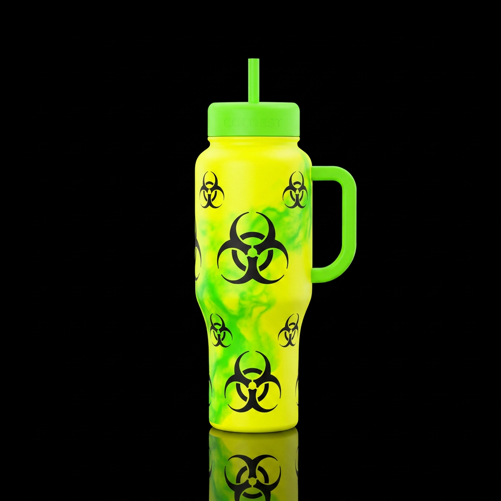 A florescent yellow bottle, with a florescent gree... water bottle design