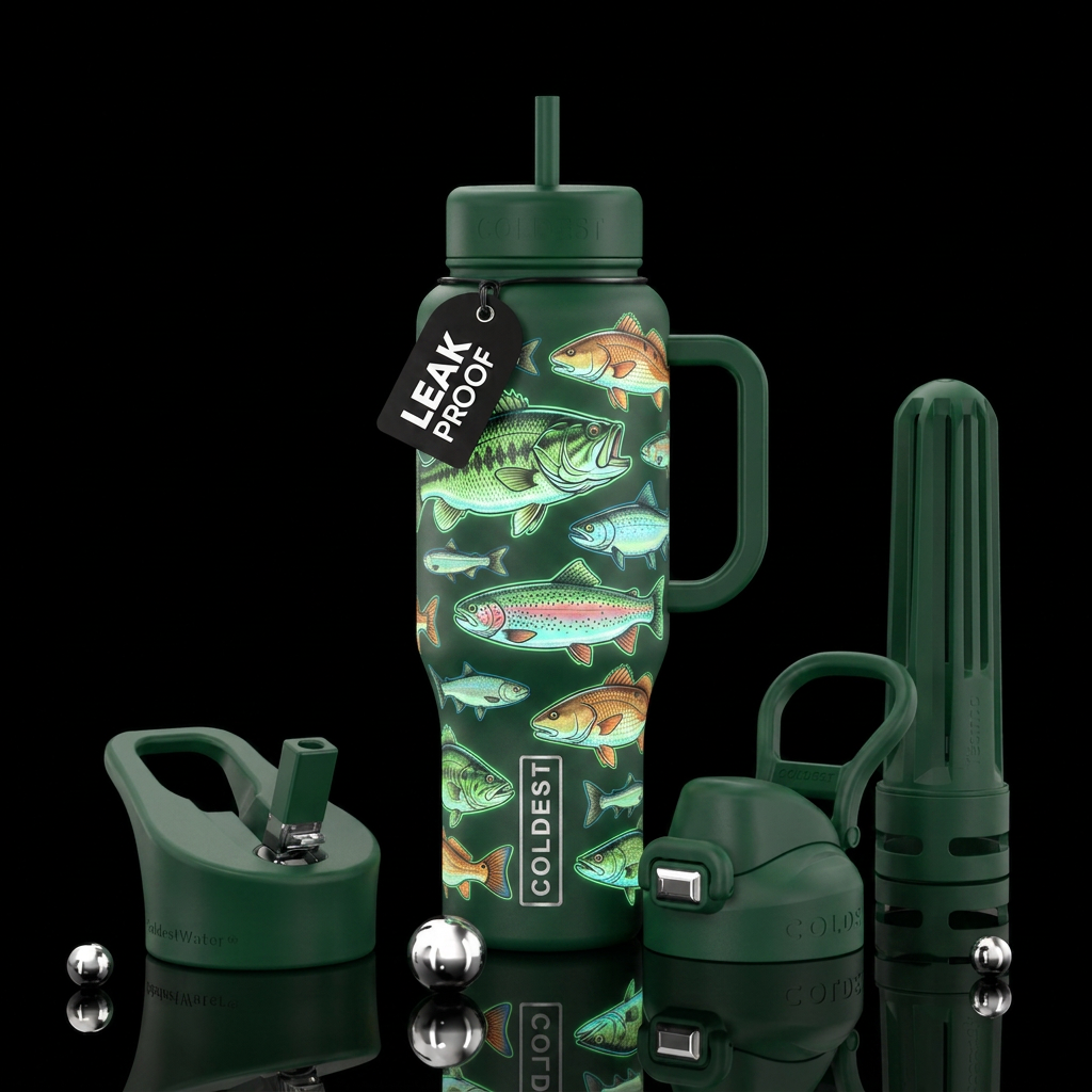 A fishing bottle with glow in the dark fish scalin... water bottle design