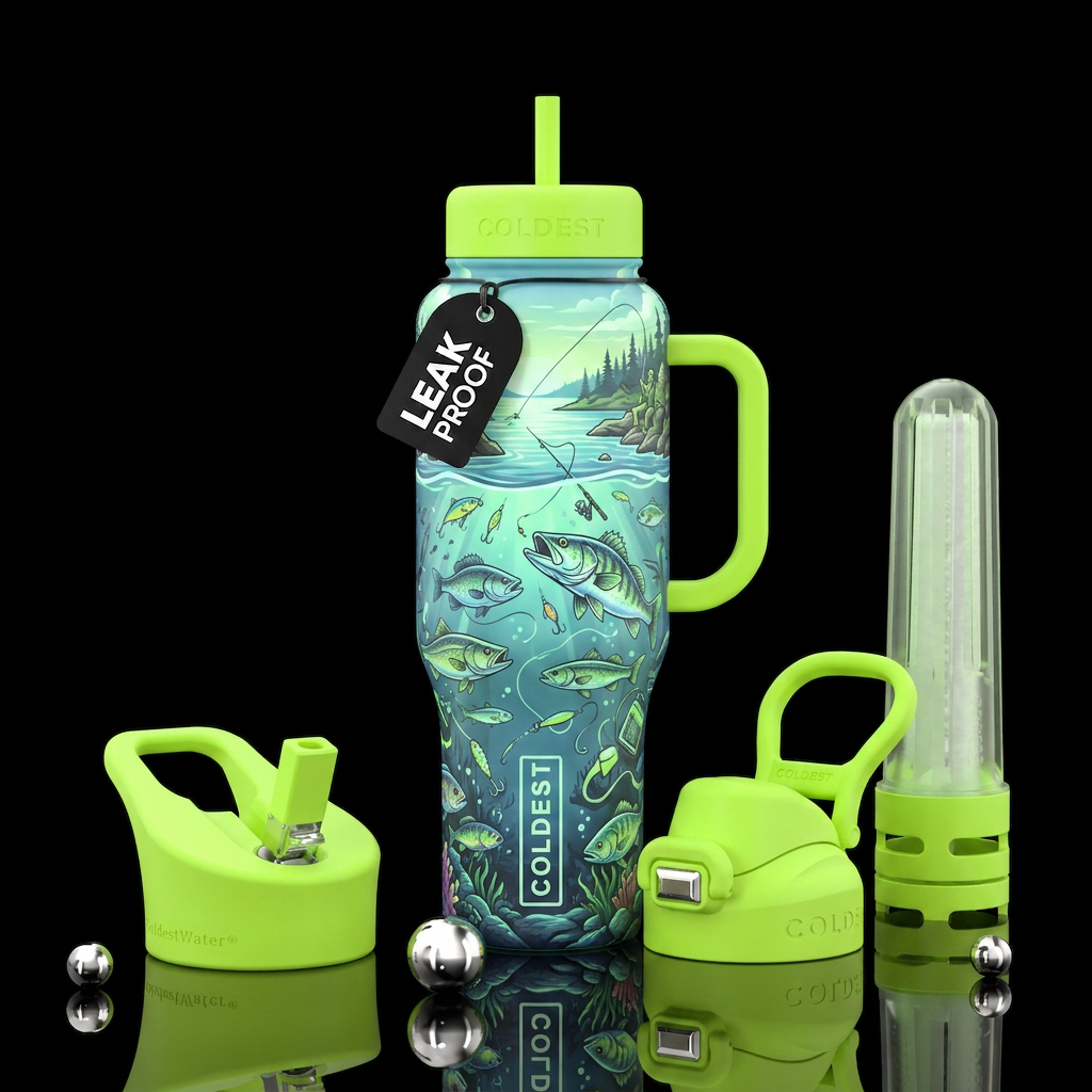 A glow in the dark fishing bottle water bottle design