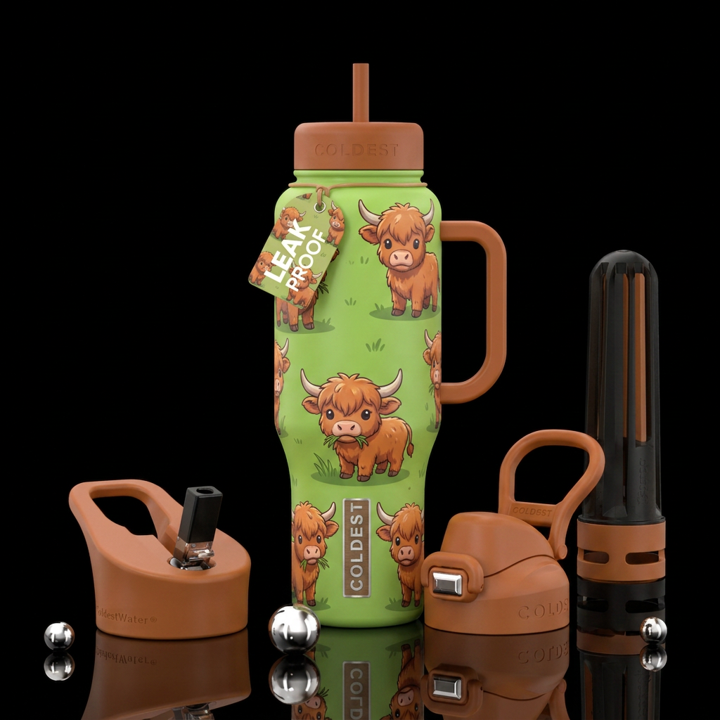 Super cute small cartoon Baby highland cows on a g... water bottle design