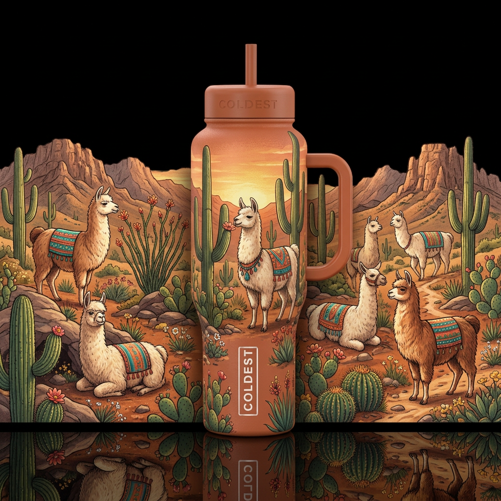 "Desert Wanderers" (Southwest Llamas) Create a pre... water bottle design