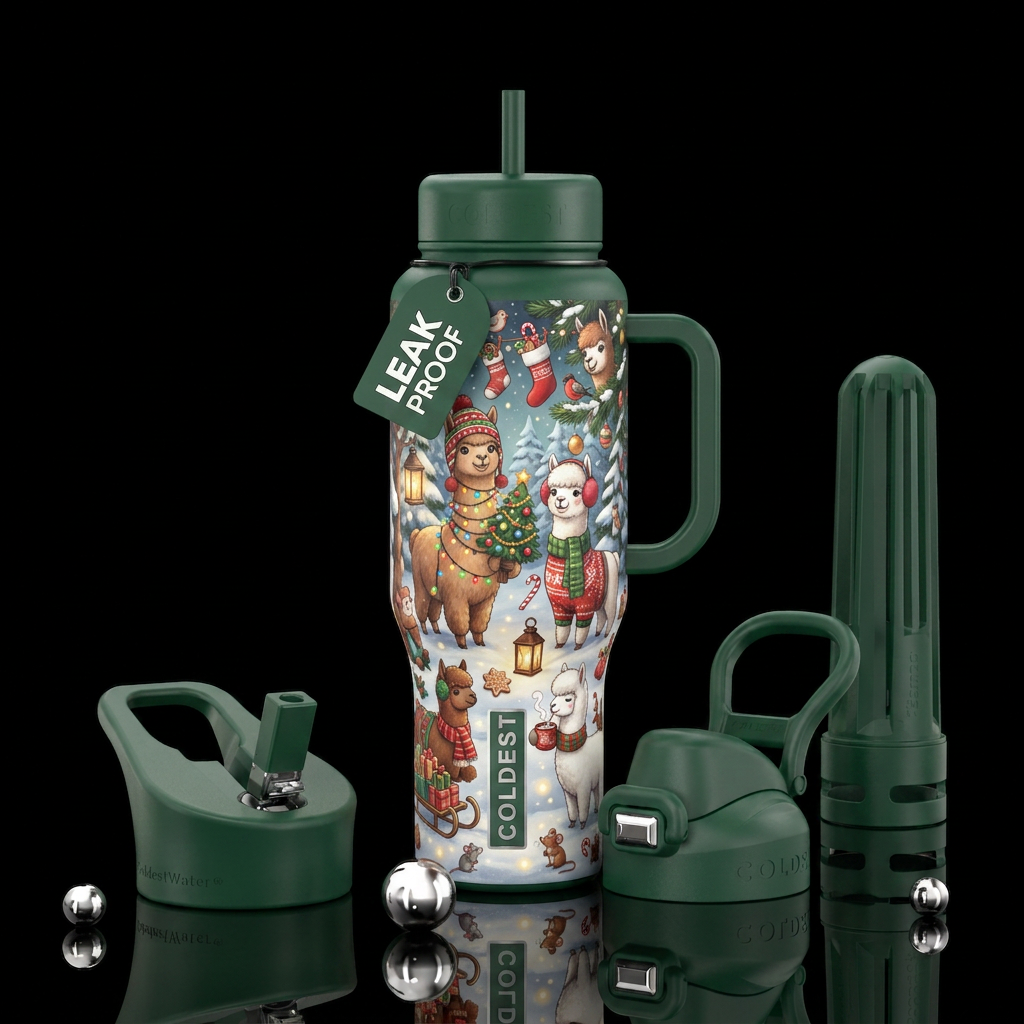"A Very Merry Alpaca Christmas" Create a premium i... water bottle design