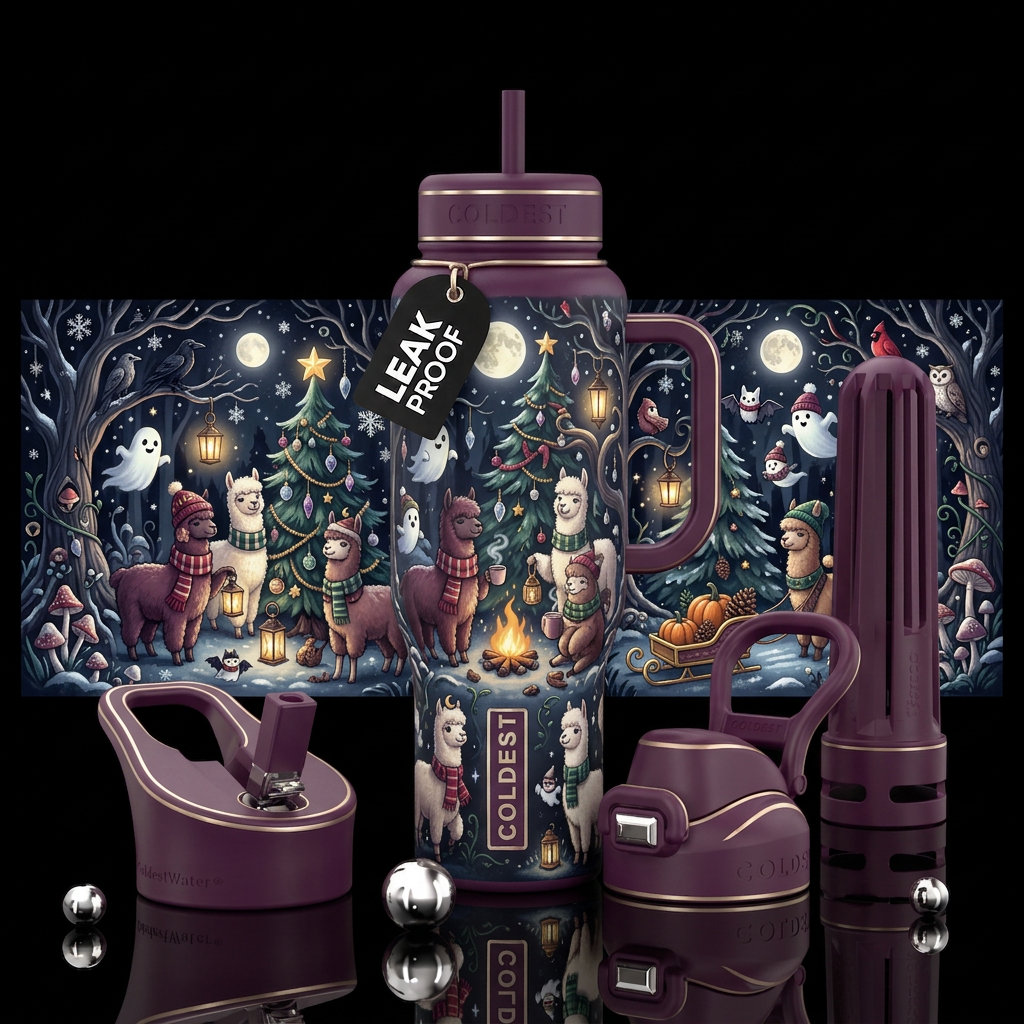"Moonlit Merry Alpacas" | Whimsical Gothic Holiday... water bottle design