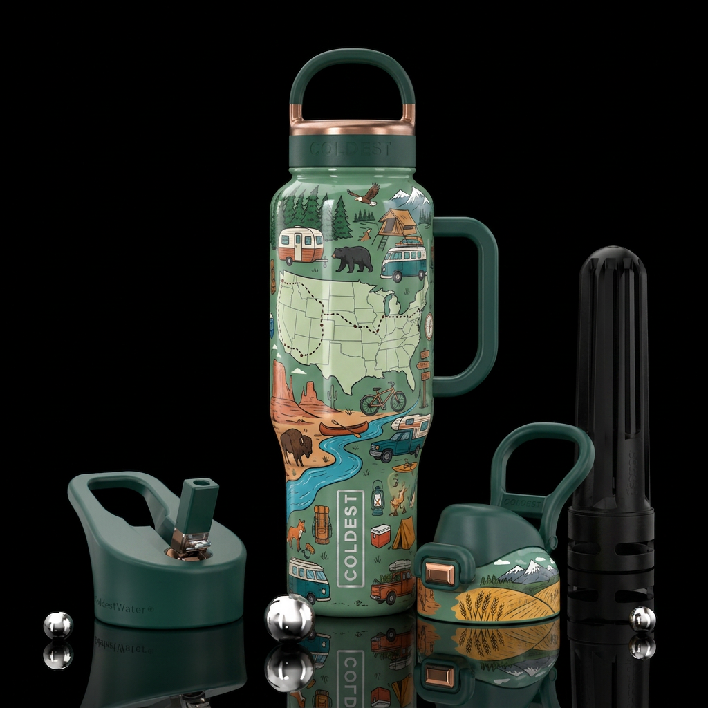 Create a premium insulated water bottle featuring ... water bottle design