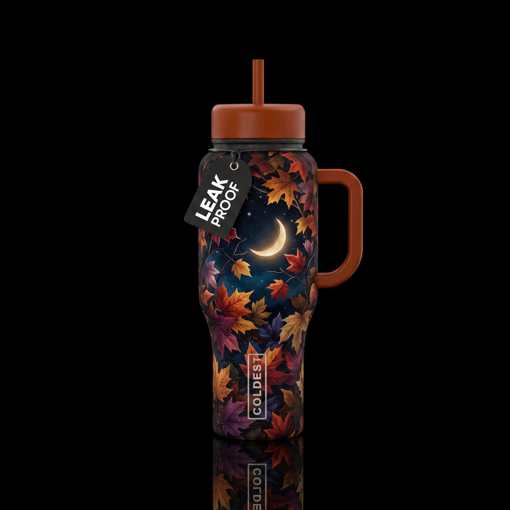 dark autumn night leaves moon water bottle design