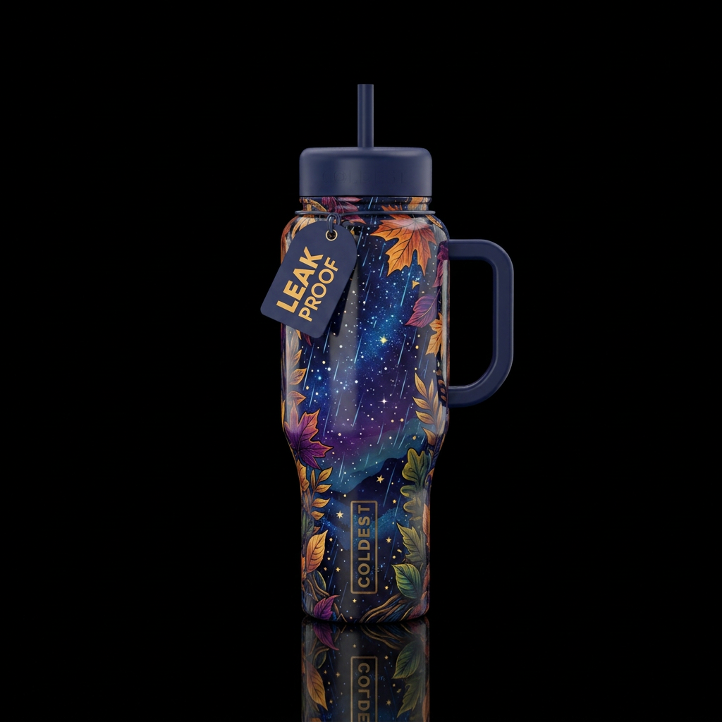 melancholy autumn night rain stars leaves water bottle design