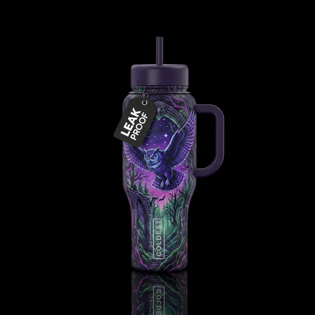 midnight owl in flight forest purples greens blues... water bottle design