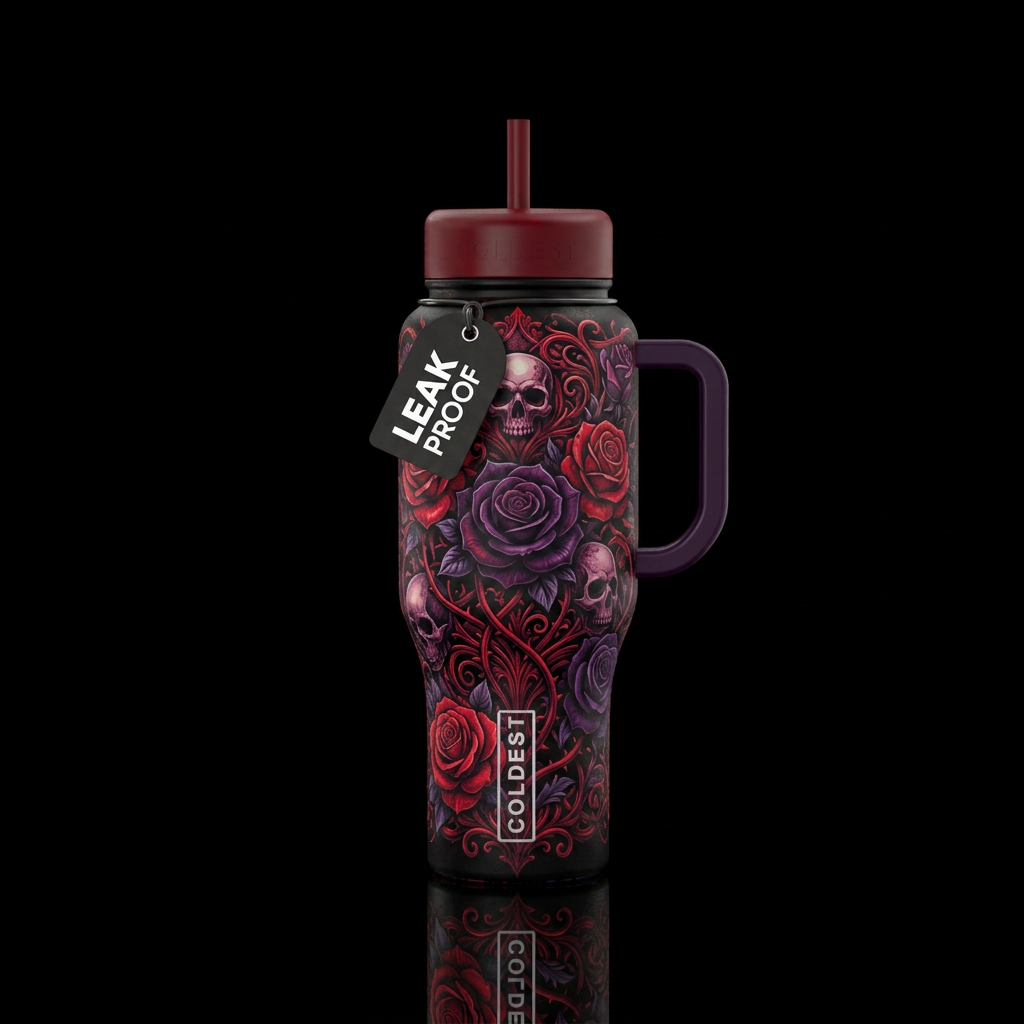gothic red black roses purple water bottle design