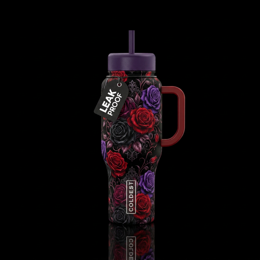 romantic gothic roses red black purple water bottle design