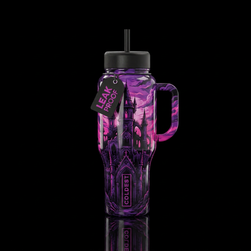 Melancholy castle shades of purple black pink water bottle design