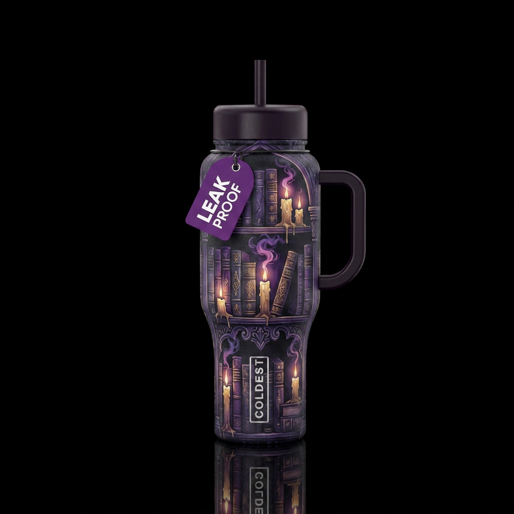 gothic library books candles flames smoke purple p... water bottle design
