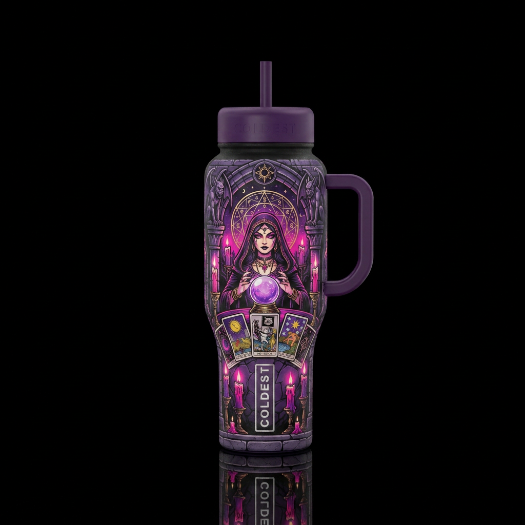 tarot card reader fortune goth purple black pink c... water bottle design