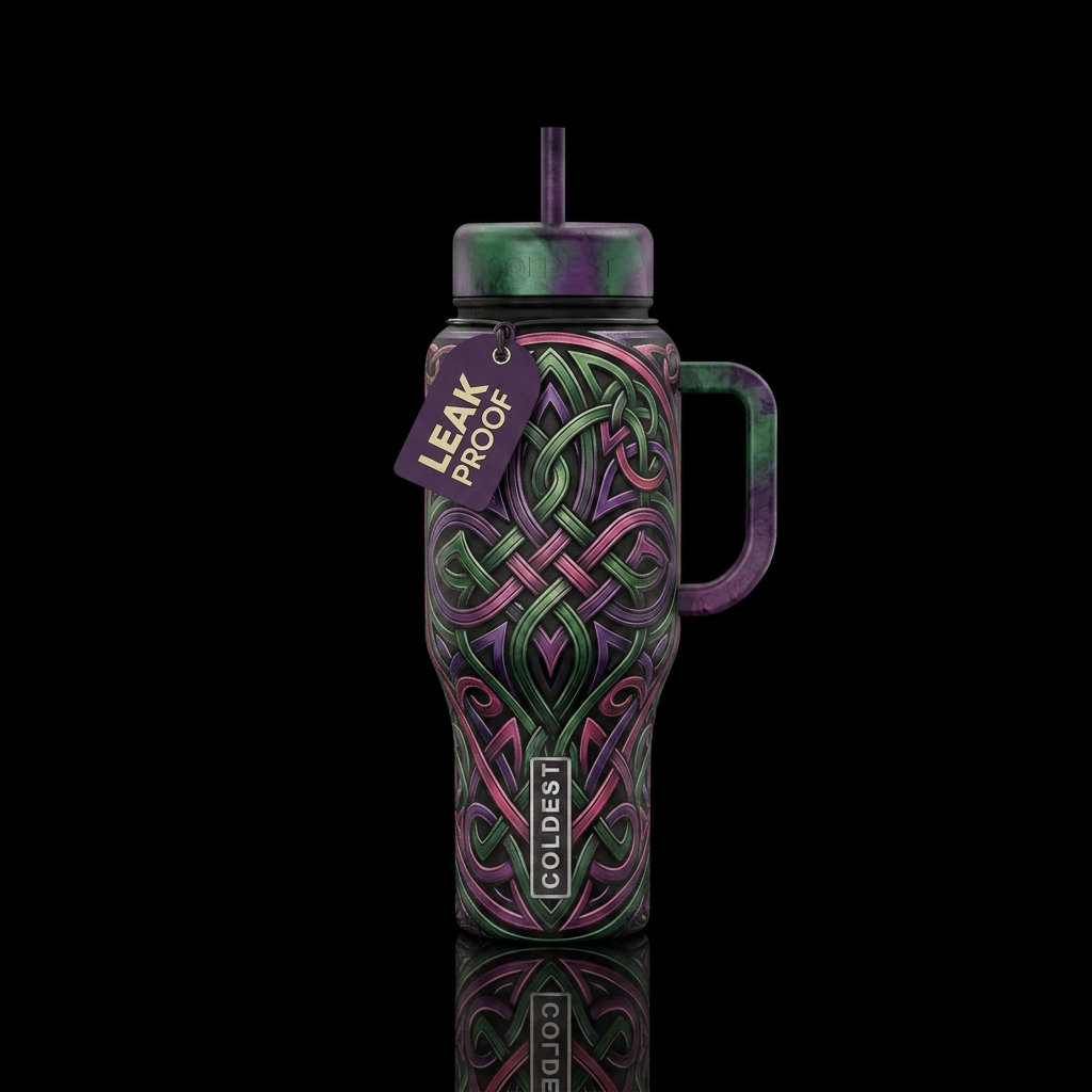 celtic knotwork green black purple pink gothic water bottle design