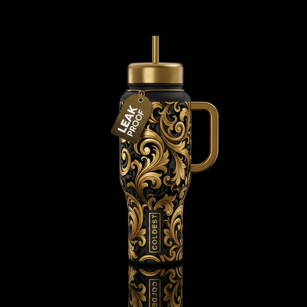 baroque scroll black gold water bottle design