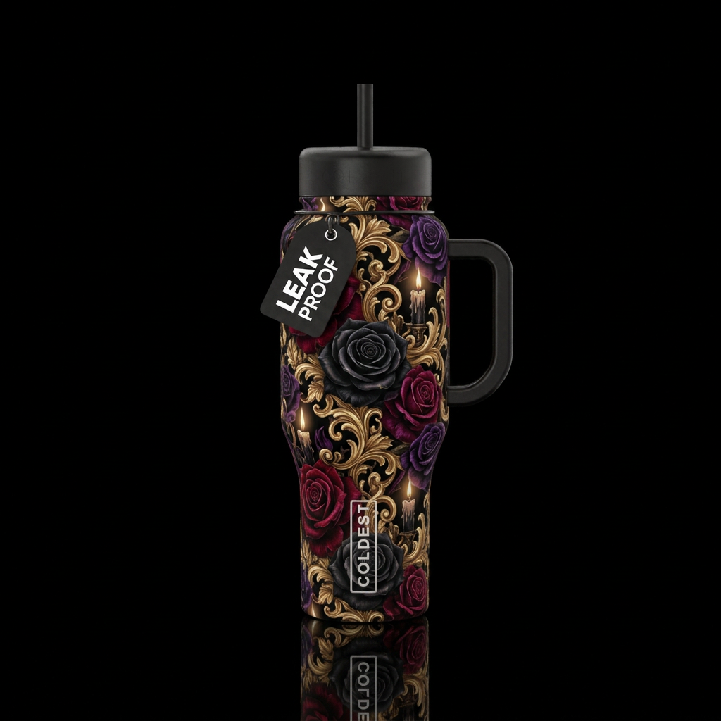 Red purple black roses gothic gold baroque candles water bottle design