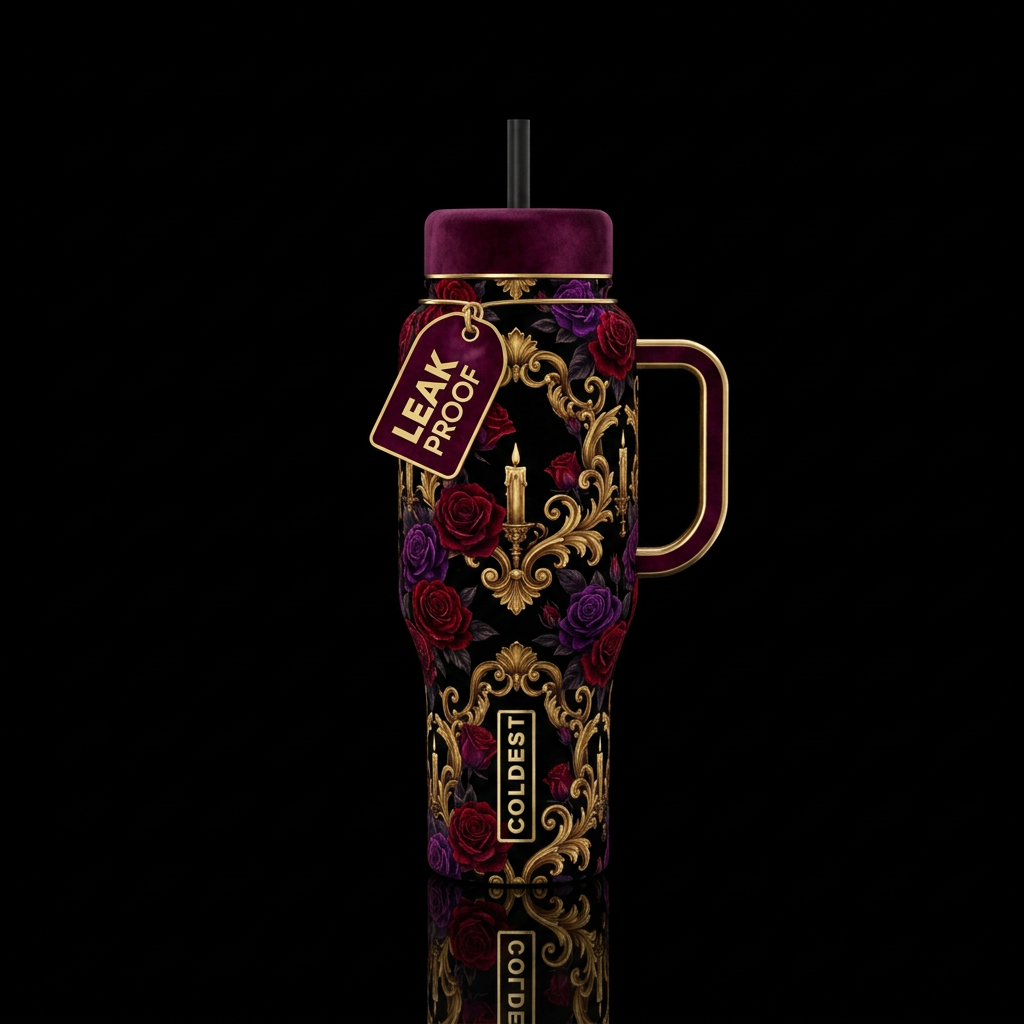 Red purple black roses gothic gold baroque candles water bottle design