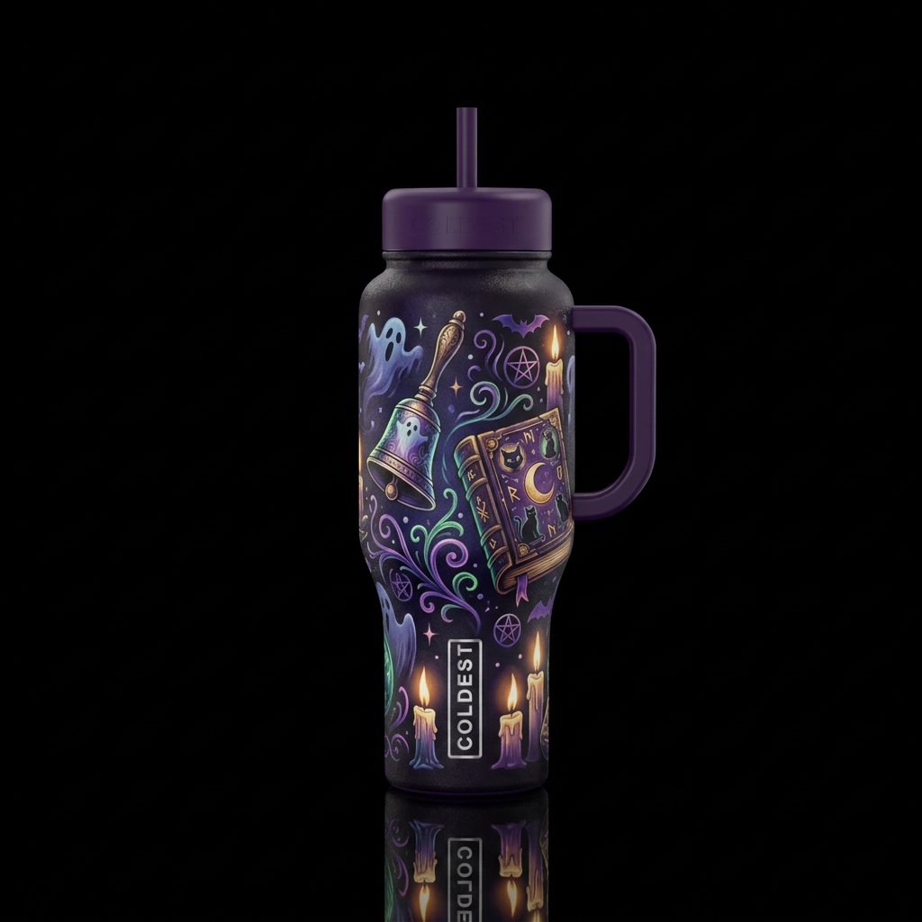 bell book and candle halloween water bottle design