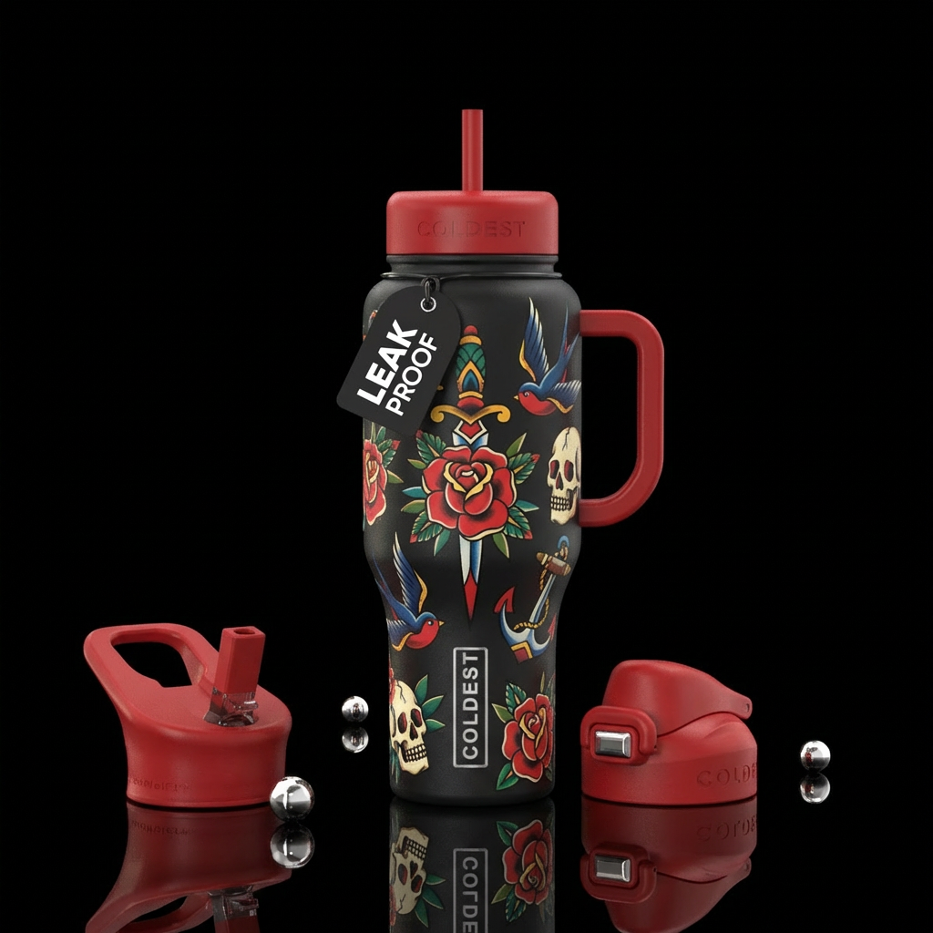 A tattoo like design traditional style pops of red water bottle design