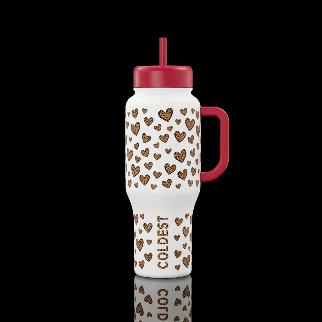 A white bottle with small brown cheetah hearts of ... water bottle design