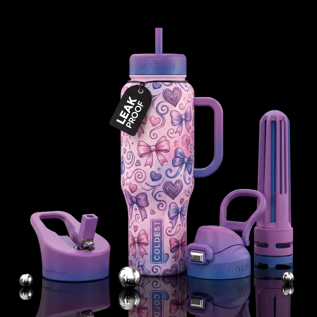 Cute girly bows, hearts and swirls. Pinks  purples... water bottle design