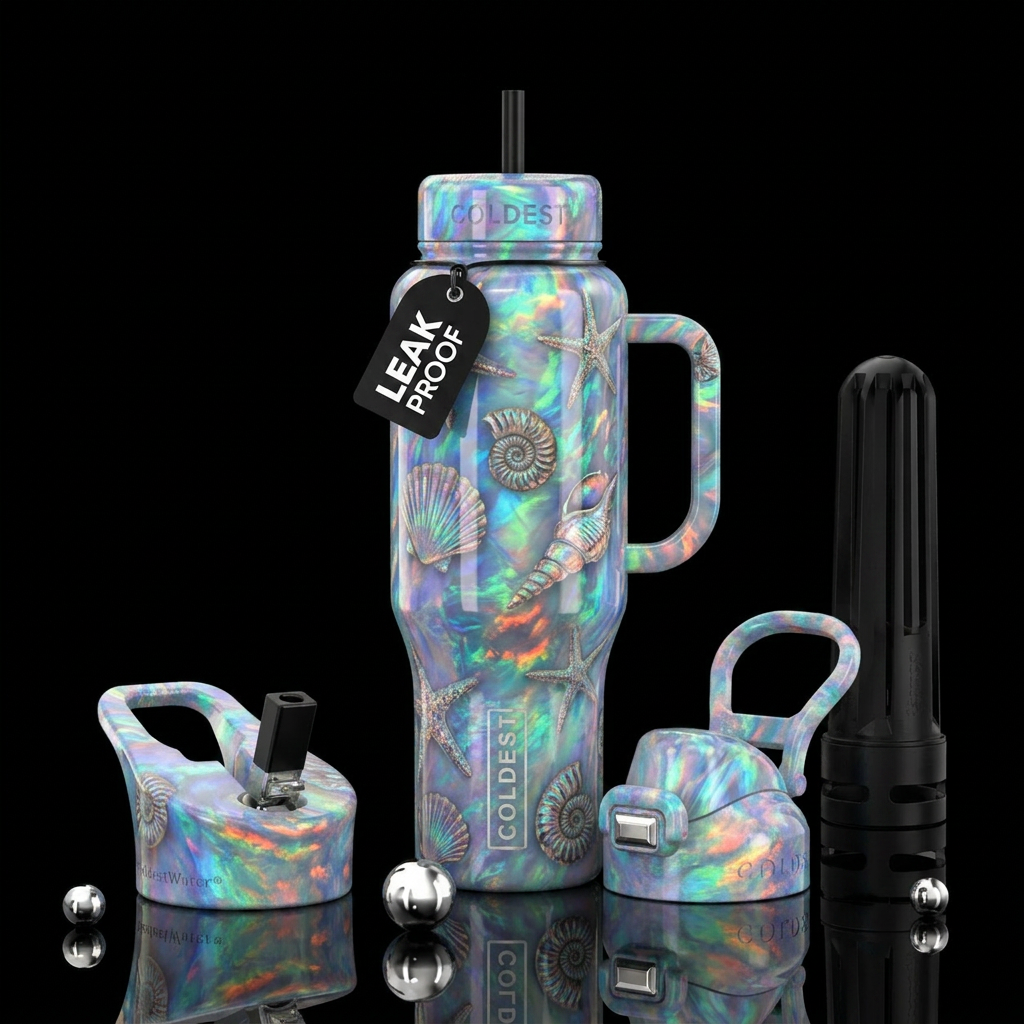 Opalized seashells, opalized starfish, opalized am... water bottle design