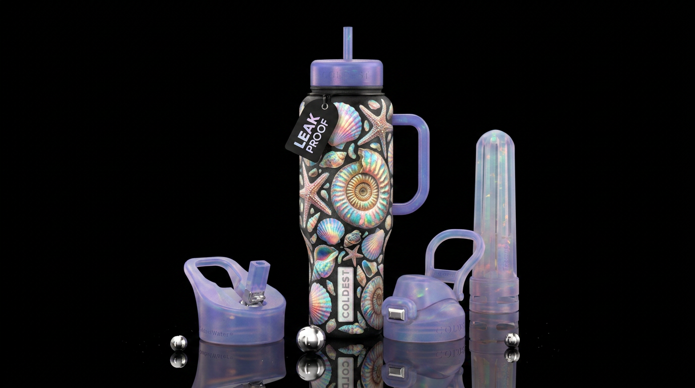 Opalized seashells, opalized starfish, opalized am... water bottle design