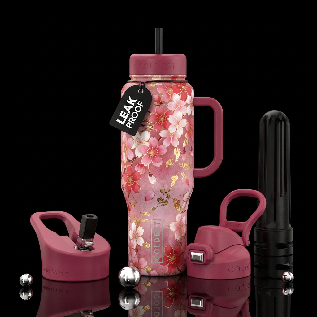 Cherry blossom flowers and gold leaf water bottle design