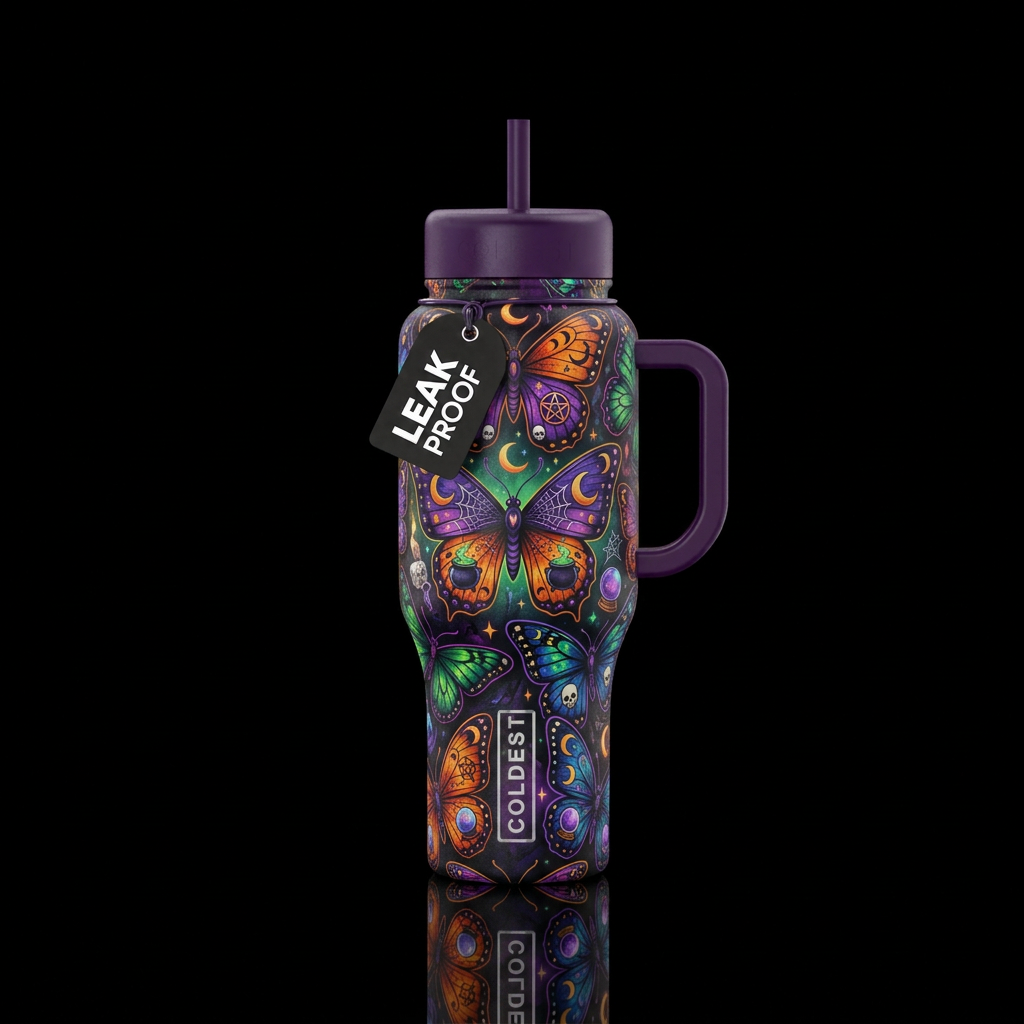 Halloween butterflys, spooky, witchy, dark, magica... water bottle design