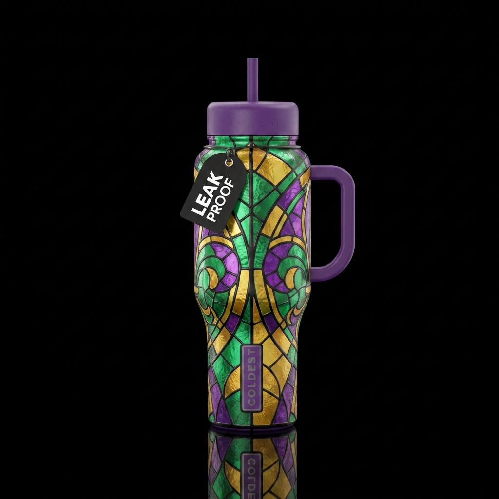 Stained glass, Mardi Gras, vibrant colors water bottle design