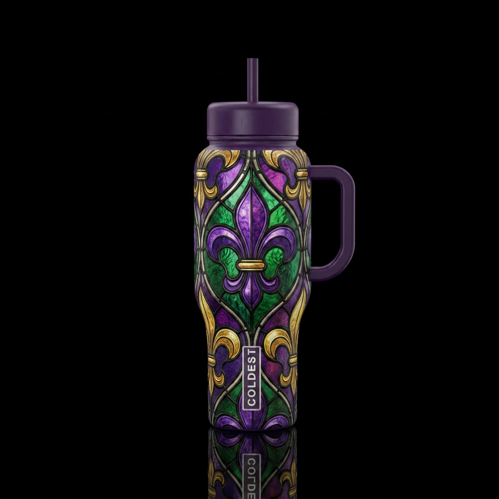 Purple green gold Fleurty di lis, stained glass water bottle design