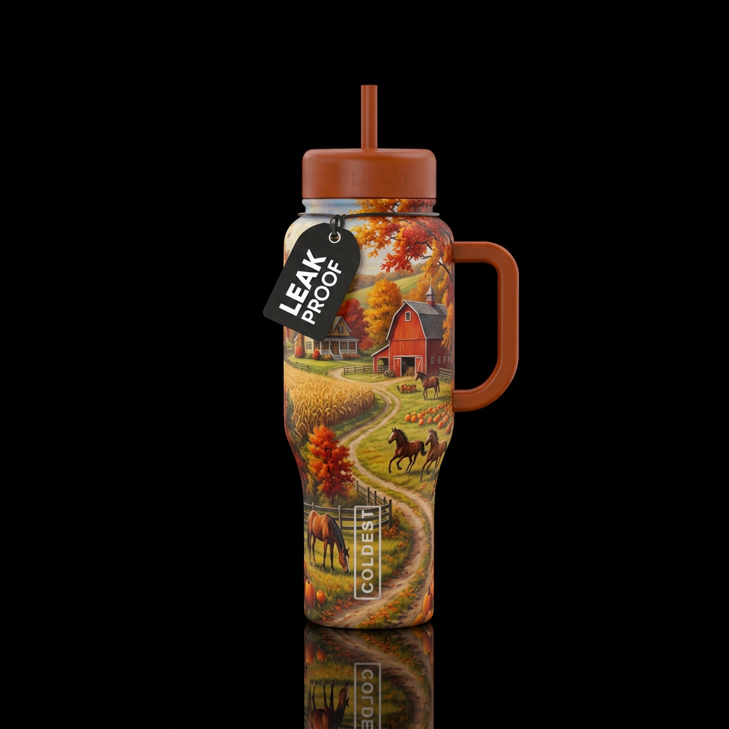 Fall farm with horses water bottle design