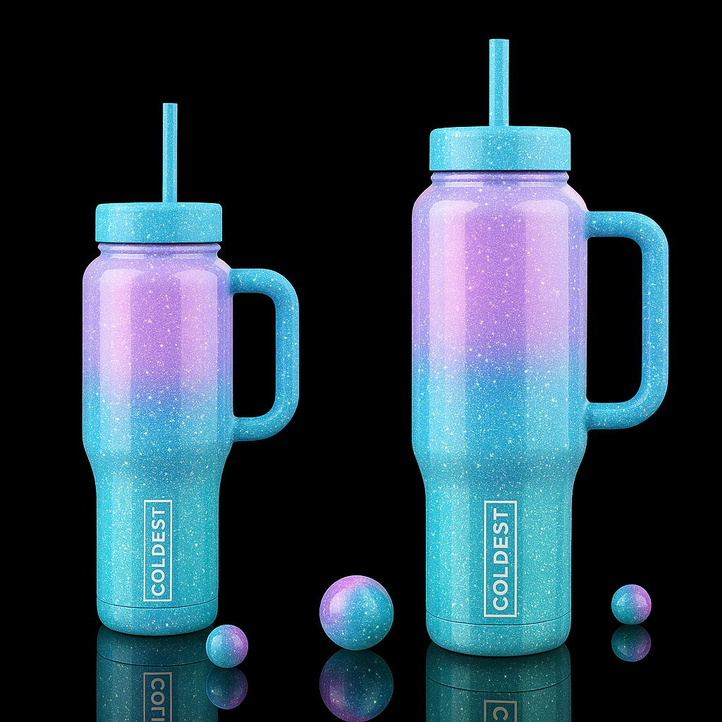 Pink and blue glitter water bottle design