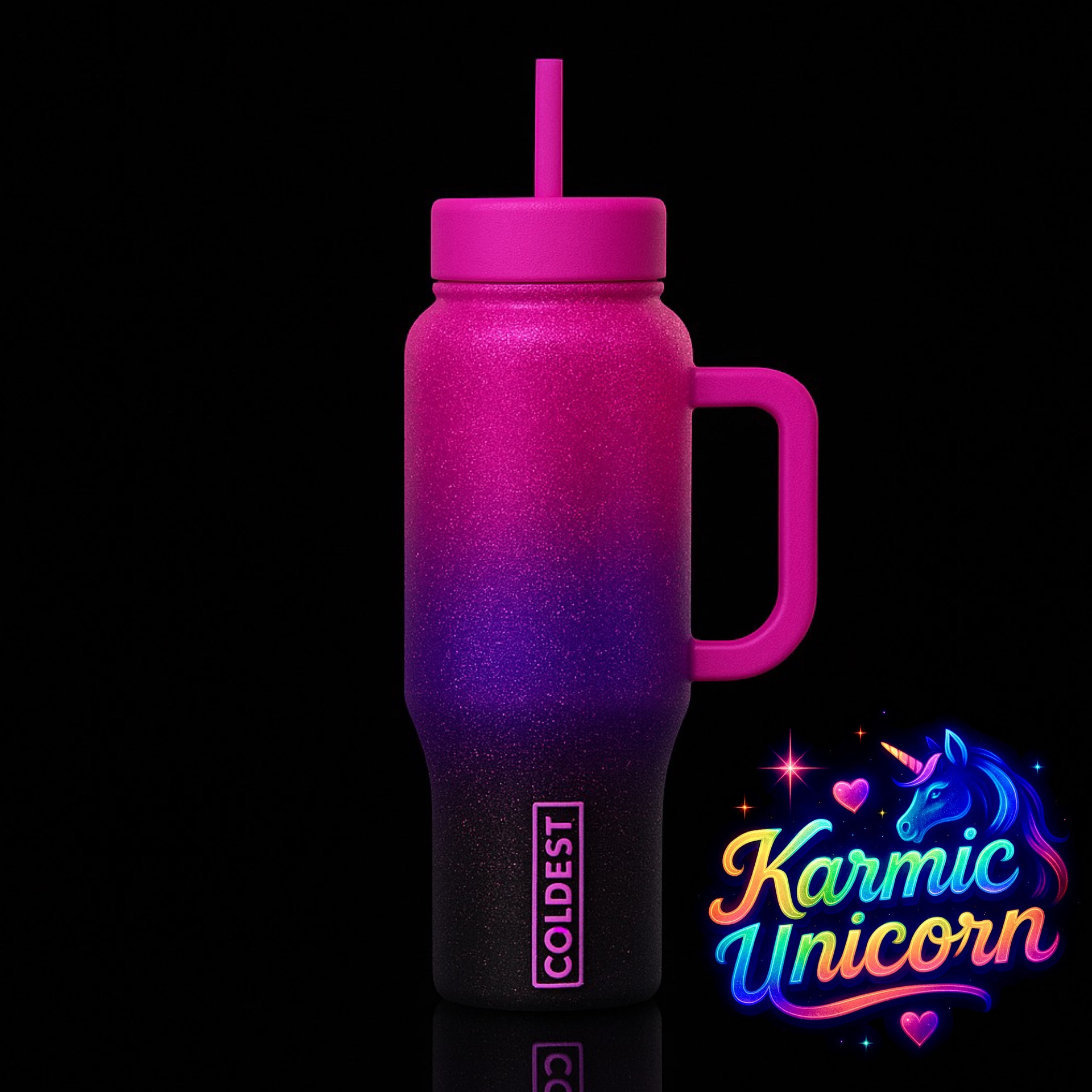 Black, purple and pink ombre glitter water bottle design