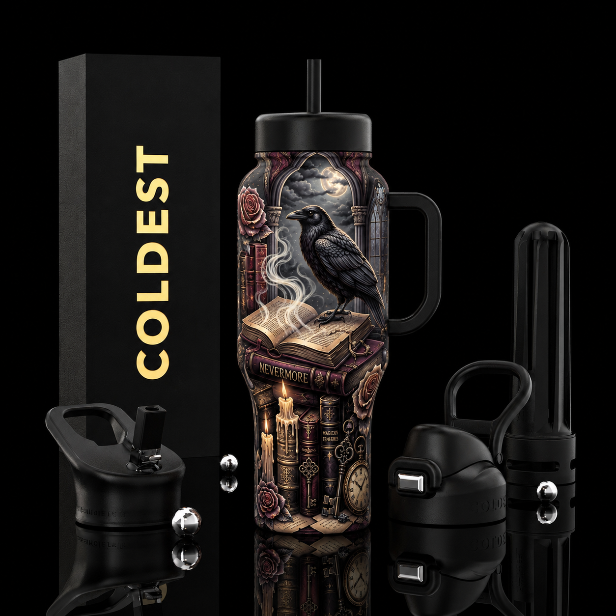 Raven’s Library water bottle design