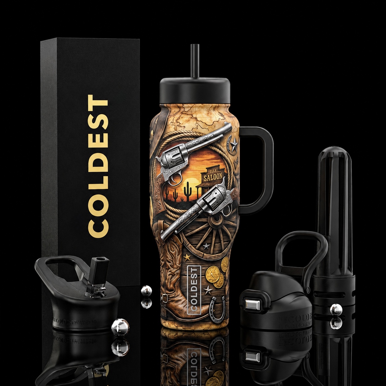 Rust & Revolvers water bottle design