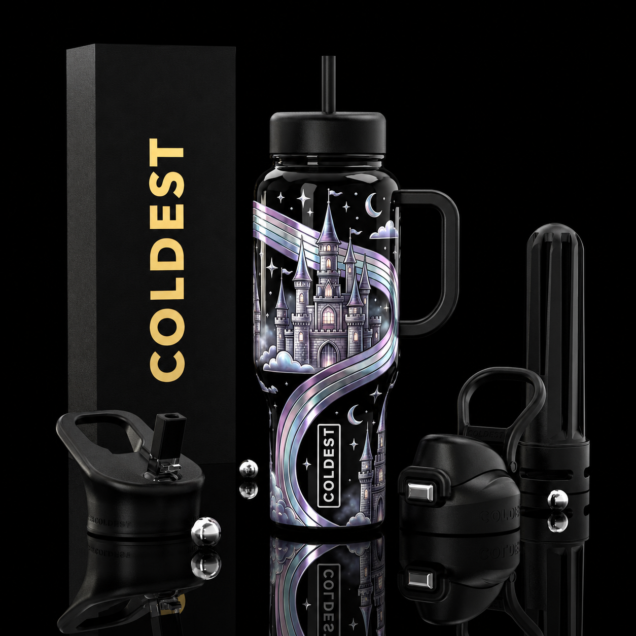 Moonlight rainbow castle water bottle design