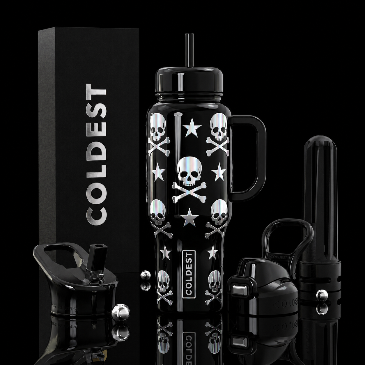 Moonlight skulls and stars water bottle design